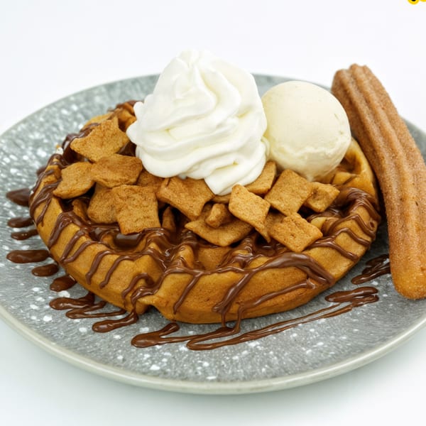 Waffle with chocolate drizzle, cereal pieces, whipped cream, vanilla ice cream, and a churro.